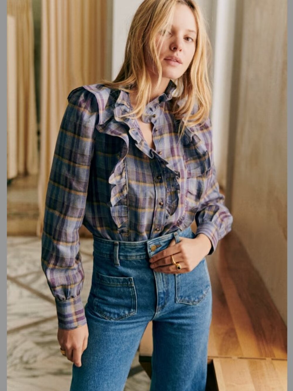 Sézane Jane Plaid Ruffle Linen Shirt FR38/US6